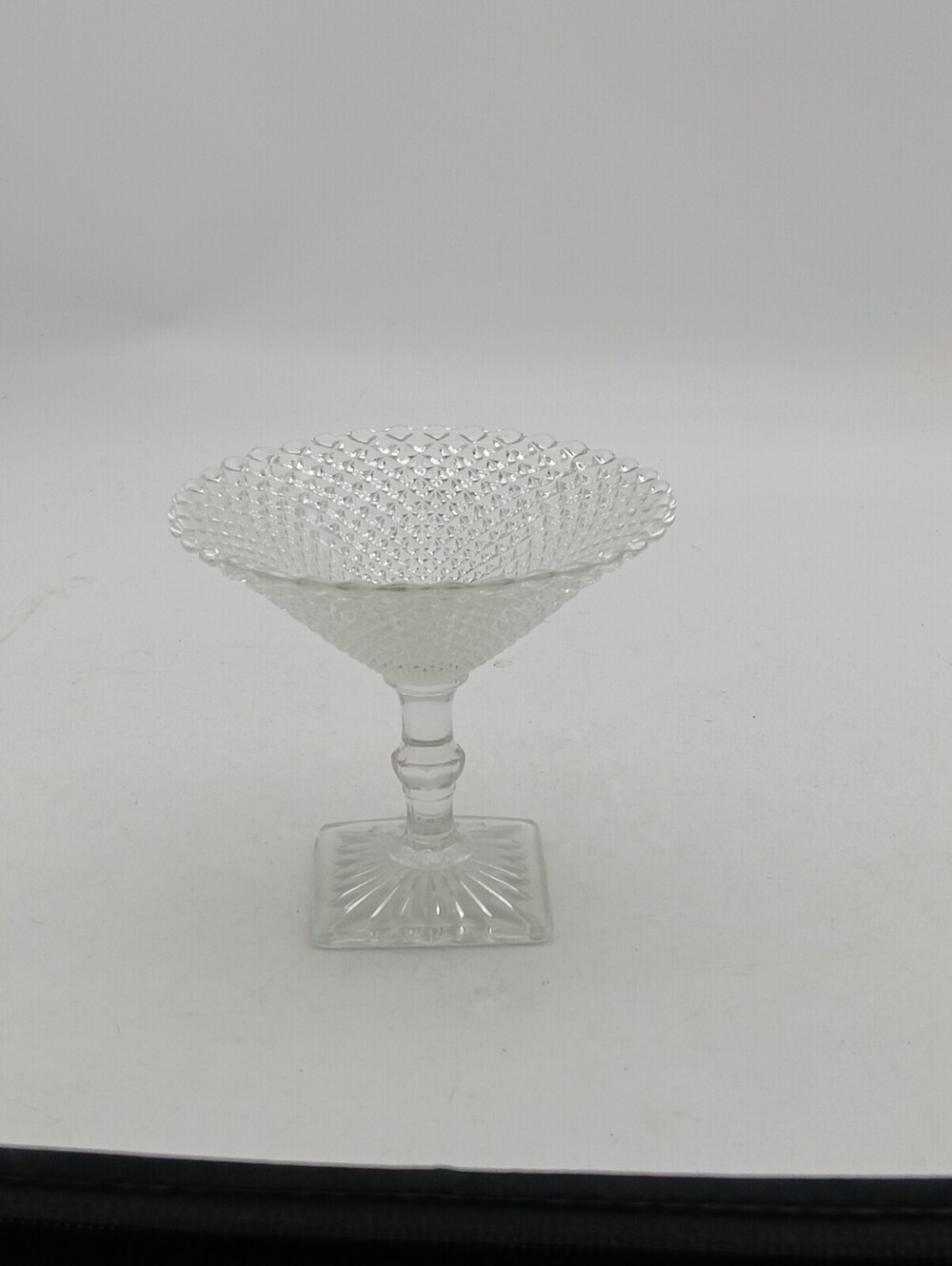 1930s diamond patt. crystal candy bowl with square sunbur. base. No chips. EACH